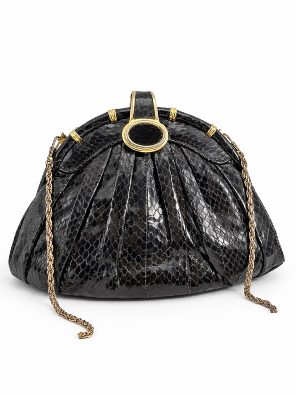 Vintage Black Snakeskin Clutch | Gold Chain Strap | 1980s Glam - Picture 1 of 13